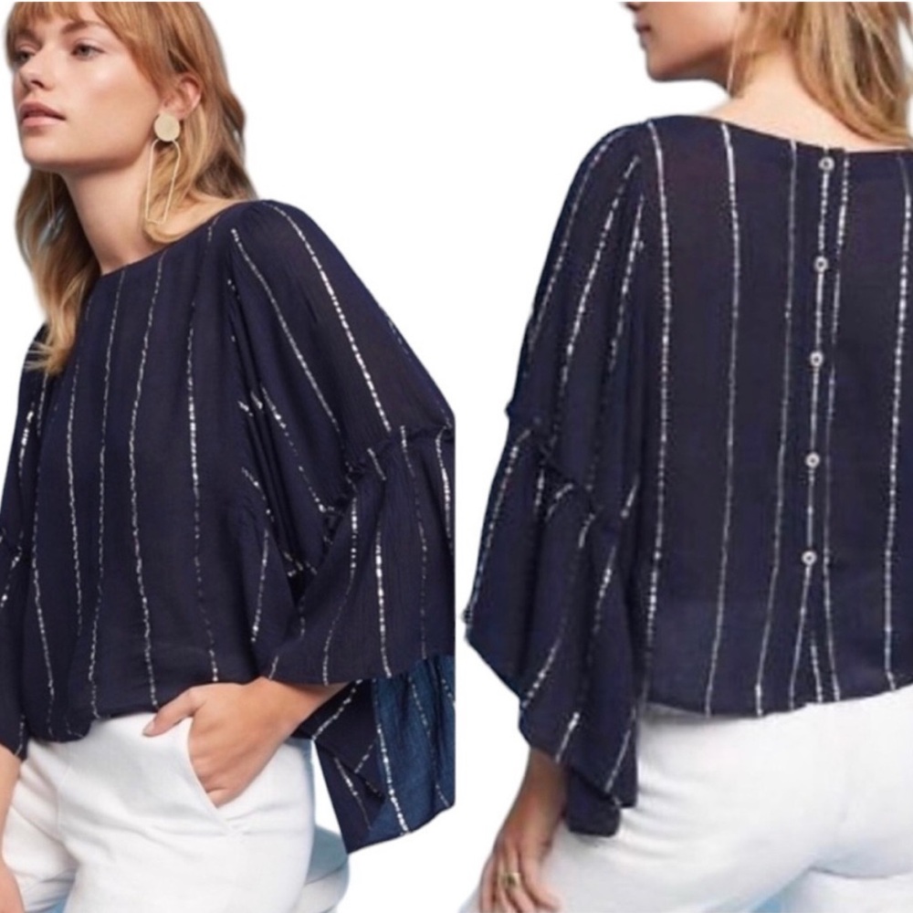 Anthropologie Blue and White Bell Sleeve Blouse